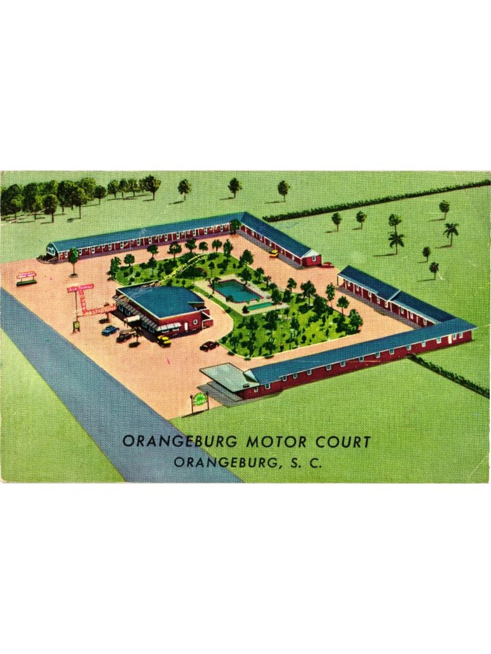 Orangeburg Motor Court Postcard 1960 Linen Aerial View Orangeburg S.C.